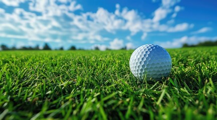Golf ball on green grass, sunny sky (1)