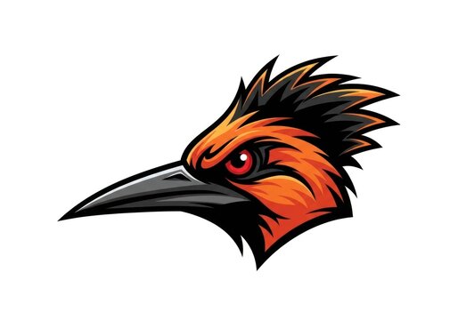 Roadrunner bird head illustration in bold orange and black colors on white