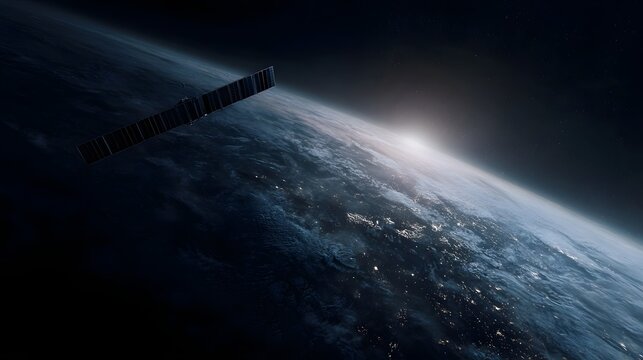 A satellite orbits Earth during a beautiful sunrise showcasing advanced space technology