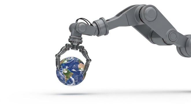 Robotic arm holding earth globe against white background technology concept