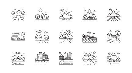 City and nature landscape view, outdoor area with road, trees and mountain, farm land line icon set