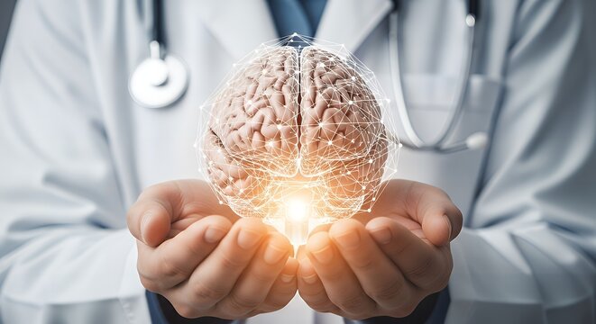 Doctor holding a brain with digital connections in cupped hands close up