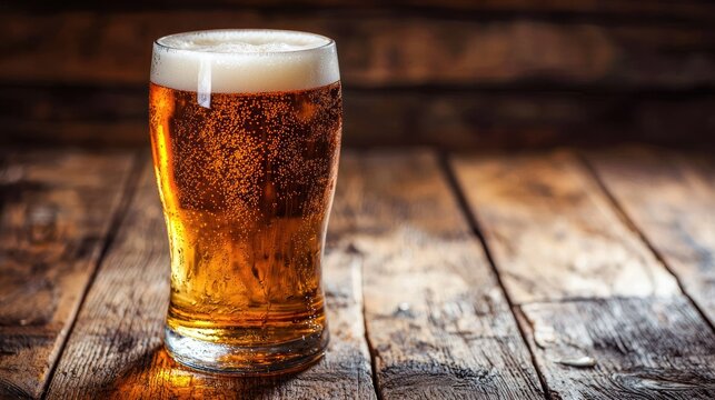 A glass of beer on a wooden table.