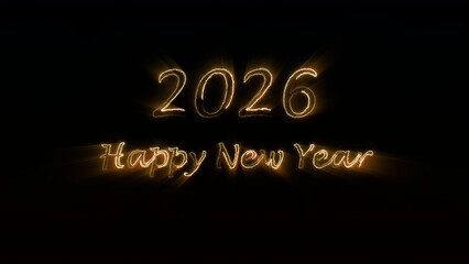 Golden glowing 2026 Happy New Year text with sparkling stars and radiant light rays on dark festive background. Elegant holiday greeting card style. Perfect for winter celebrations and events.