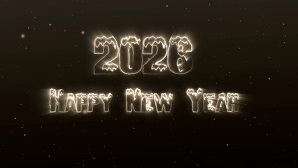 Golden glowing numbers 2026 and “Happy New Year” text in festive sparkling style with snow particles on dark background. Bright warm lights for luxury New Year 2026 celebration and holiday design