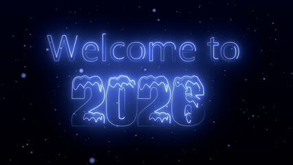 Welcome to 2026 glowing icy blue text with falling snow on dark background. Frosty glowing numbers and soft snowfall winter new year greeting design. Abstract holiday background video