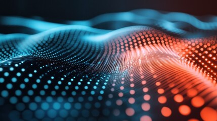 A digital wave with blue and orange dots on a dark background.