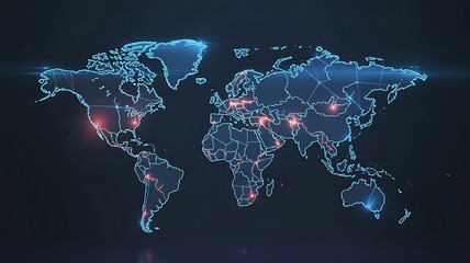World map on blue background with digital binary code representing global technology and communication