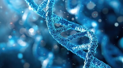 A DNA strand against a blue background with a blurred, bokeh effect.