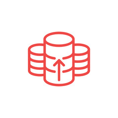 Modern red outline icon illustrating data uploading to a server database system for efficient information transfer applications