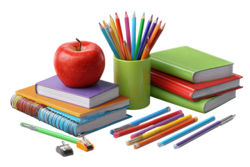Colorful school supplies arranged with a red apple and books