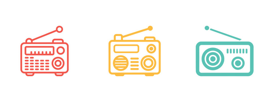 Set of three colored radio receiver icons in red yellow and teal with antennas