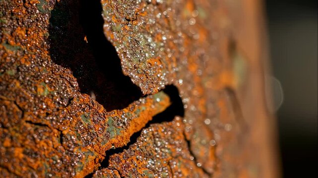 Macro footage showing cracked and rusty metal surface with shimmering details, a natural aged texture background for abstract design.