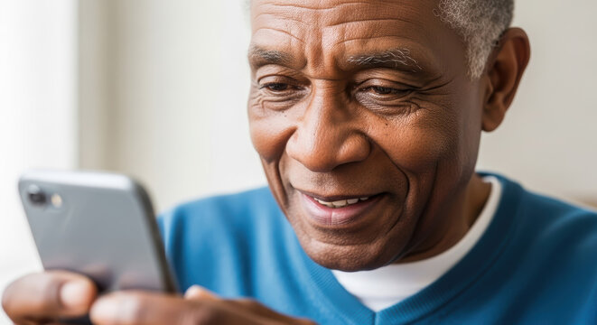 Senior African American man smiling while using smartphone, enjoying technology at home, showcasing connection and engagement with digital devices in a cozy environment