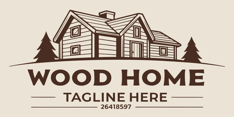 Fototapeta premium Rustic wood home logo design with evergreen trees, cabin illustration for real estate branding and outdoor lifestyle