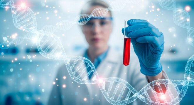 DNA Test Lab tech examines blood sample with science research, and futuristic.