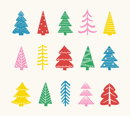Cartoon Christmas tree icon collection. Abstract ornaments design. Vector illustration