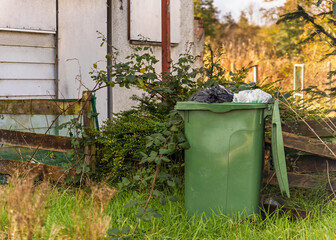Green wheelie bin with open lid and overflowing rubbish bags stands in overgrown garden beside old...