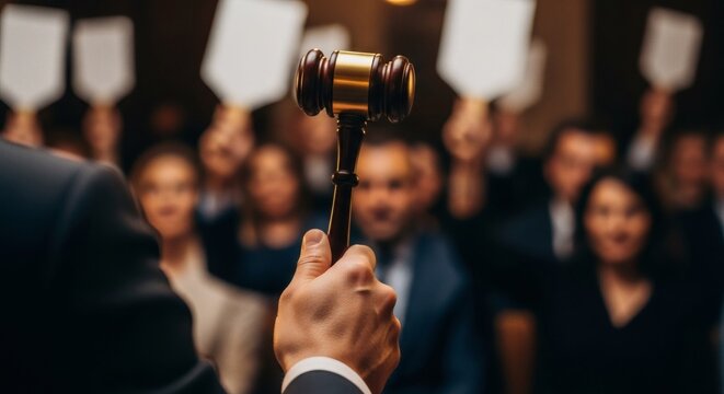 Auction Hammer Intense Bidding in Crowded Room with High Stakes.