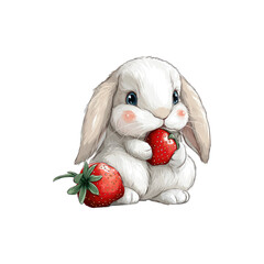 Adorable bunny rabbit eating strawberry cute cartoon illustration of sweet little animal with big eyes and fluffy fur isolated on white background

