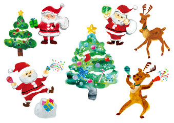 サンタクロースとトナカイとクリスマスツリーの水彩イラスト素材セット