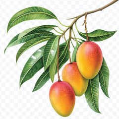 realistic fresh ripe mangoes hanging on branch with green leaves in different style isolated on transparent background	
