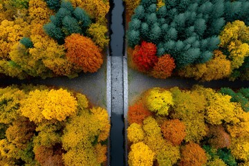 Aerial view of colorful autumn forests and river nature landscape vibrant environment scenic concept
