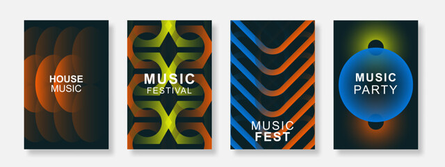 Abstract music festival poster background set. Minimalist sound cover template with geometric gradient design. Suitable for concert, party, social media, banner. Vector