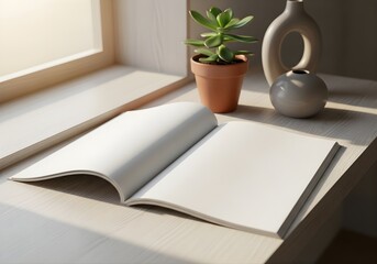 Blank magazine mockup near window sill beside small potted succulent and ceramic decor, morning daylight