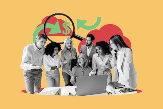 Creative poster banner 3d collage photo of happy business partners women men sit workplace diversity dollar income arrow laptop