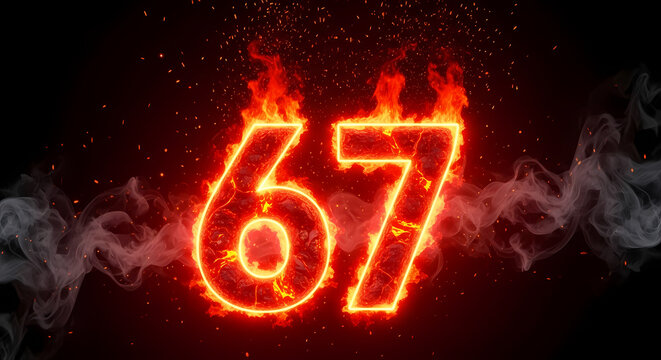 Fiery sixty seven with smoke and sparks, celebrating a hot deal or a milestone achievement with blazing numbers and dynamic energy for your design