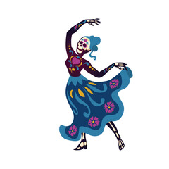 Obraz premium Day of the dead, Dia de los muertos characters dancing Catrina or mariachi musician skeletons and sugar skulls decorated with Mexican elements. Halloween holiday party, Cartoon vector illustration