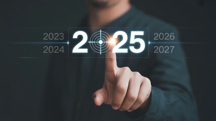 Man finger pointing at screen displaying 2025 with target and year timeline