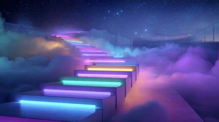 Colorful Neon Stairs Leading Towards a Starry Sky Above Clouds