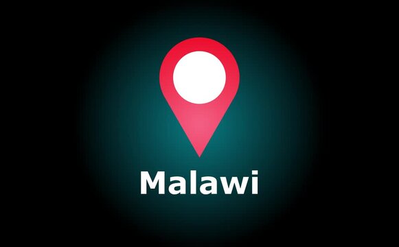 A map pin over malawi on dark teal background indicating location of the african country
