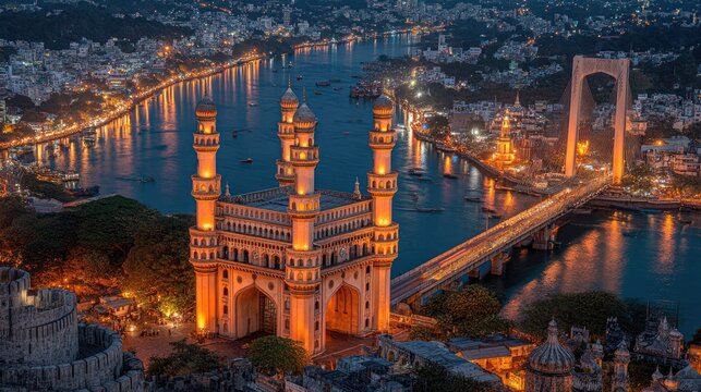 Stunning Night View of Charminar and River in Hyderabad, India