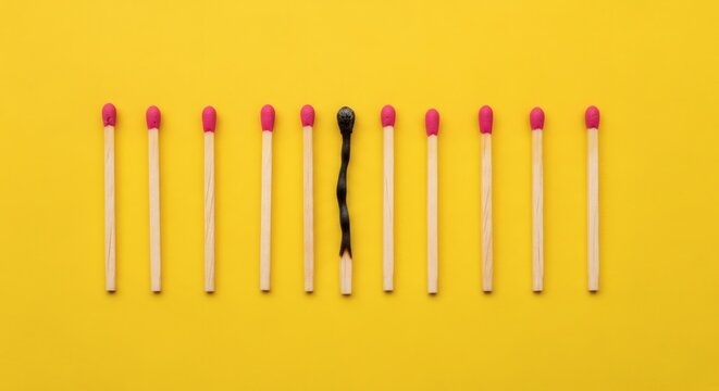 Burnt Out Single match stick stands out with on yellow.
