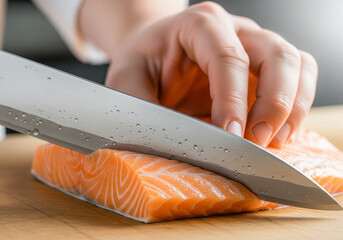 Close up chef slicing fresh salmon fillet with sharp knife on cutting board cooking seafood preparation kitchen professional culinary technique healthy food detail