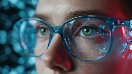 Close-up of a human eye behind futuristic smart glasses reflecting digital data streams, symbolizing augmented reality, AI, and cutting-edge technology - Powered by Adobe