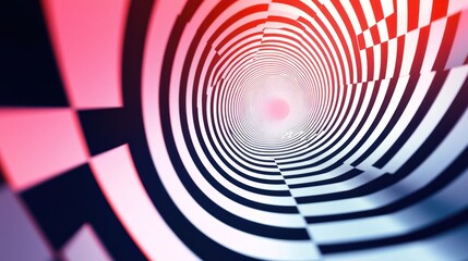 A red and black striped tunnel with a pink and white pattern in the background.