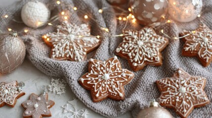 Festive Gingerbread Cookies with Icing on Cozy Holiday Background