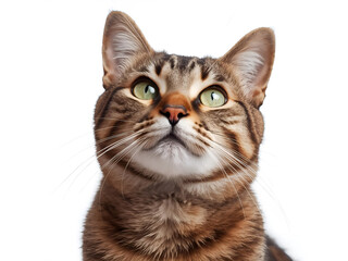 A close-up portrait of a cute striped domestic cat looking up, isolated on white background, symbolizing curiosity and pet charm