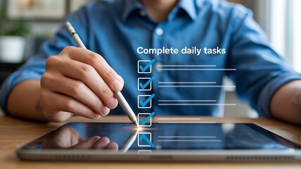 Using digital tablet to check off daily tasks and improve productivity