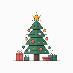 A beautifully decorated Christmas tree with a star and colorful ornaments stands surrounded by wrapped gifts and presents celebrating the holiday season