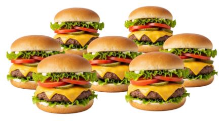 Delicious Cheeseburgers Stacked Together on White Background.