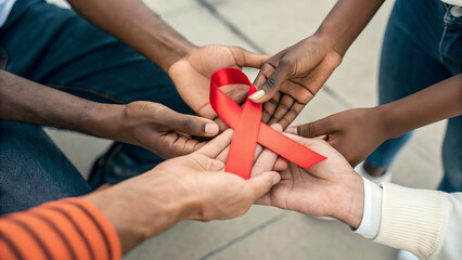 Red ribbon awareness symbol held by diverse hands, global unity for HIV/AIDS prevention and support.
