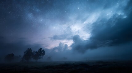 Fototapeta premium A mystical night sky filled with stars and dramatic clouds shrouded in mist over a dark landscape