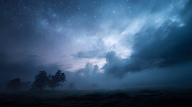 A mystical night sky filled with stars and dramatic clouds shrouded in mist over a dark landscape