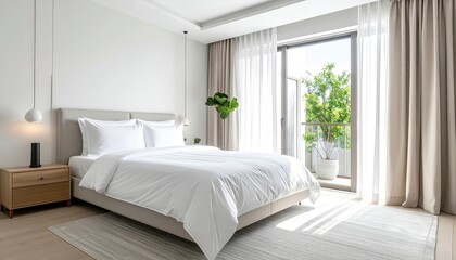 Fototapeta premium Bright Modern Apartment Bedroom With White Bed And Natural Light Flowing Through Glass Doors Onto A Balcony With Green Plants