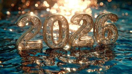Sparkling Numbers Representing the Year 2026 on Water Surface